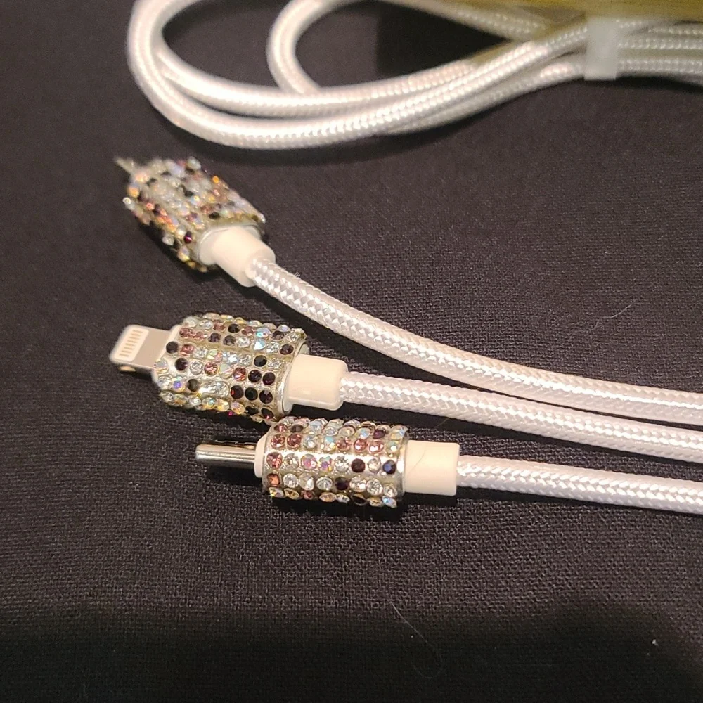 Cell Car Charger system- Rhinestone white cord - Iphone, USB A, USB C & Android